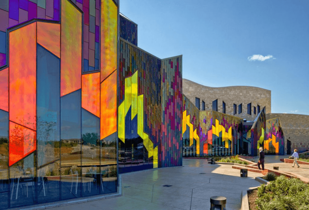 Colorful stained-glass facade at the Jewish Community Campus in Leawood