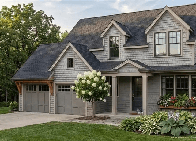 Prairie Village home exterior with cedar shingles and landscaped front garden